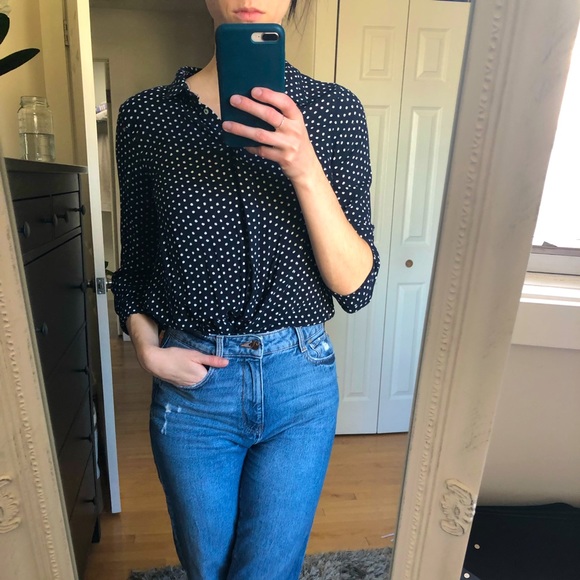 💙⚪️Zara Navy Blue Polka Dot Button Up⚪️💙 - Picture 1 of 2
